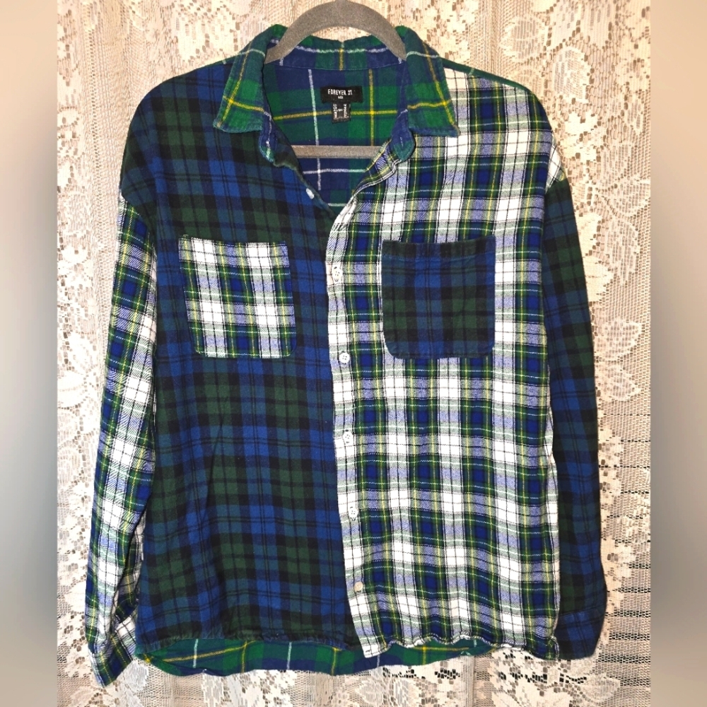 Forever 21, Men's Blue and Green Plaid Shirt, Long Sleeve Flannel Button Down, M